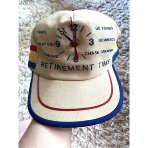 Vintage 3 Stripe Trucker Hat Cap Snapback 1980s Retirement Time Clock Beige USA